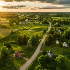 Aerial view of countryside roads, farms and houses