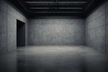 Clean, dark, grunge concrete exhibition hall interior with  walls.