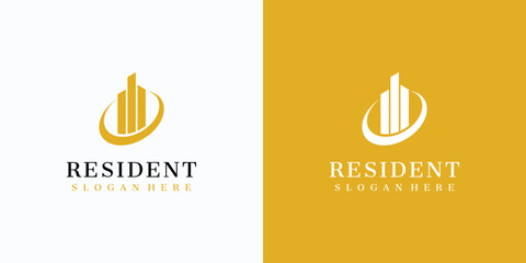 Luxury apartment vector logo design with golden skyscraper.