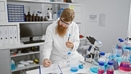 Handsome young redhead man working in laboratory, serious scientist with beard taking notes and analyzing test tube in research center