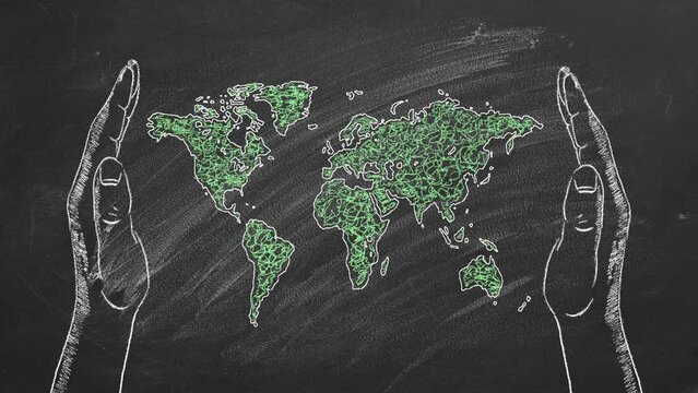 Two male palms with world map chalk drawn and animated on the blackboard. Earth day. Save our world. Environmental conservation.