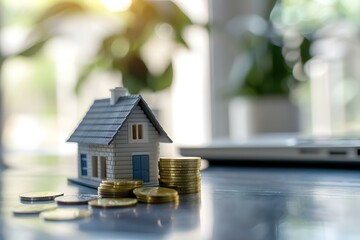 Real Estate House Model with Gold Coins and Laptop