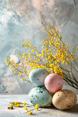 Easter composition of colorful eggs and branches. Vertical background for stories.