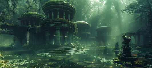 A sacred, ancient temple, shrouded in mist and reclaimed by nature, stands guard by stone statues amidst lush greenery.