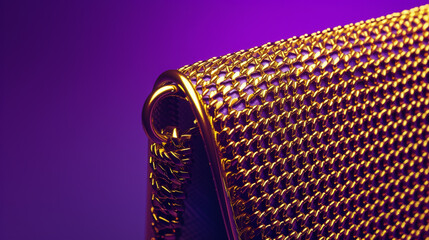 A luxurious gold chainmail handbag on a deep purple background, exuding elegance with ample copy space. 4K,