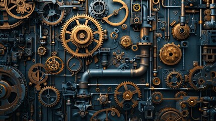 Abstract steampunk grunge background, rusty gears, pipes, mechanisms, wheels, textured backdrop in science fiction style, AI generated
