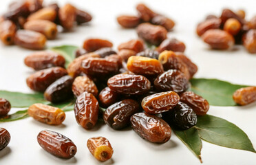 Obraz premium Dates on a white background. Fresh dates close up. Group of large medjool dates.