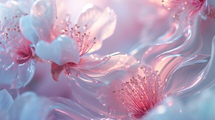 Close-up of cherry blossom petals delicately covered in cold frost, a dance of fluid and wavy forms in winter's touch.
