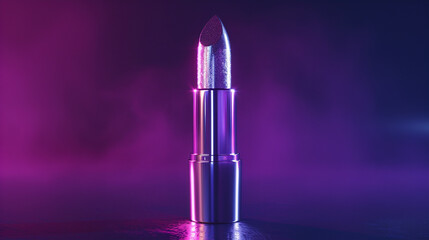 A metallic silver lipstick on a dark purple background, providing a dramatic backdrop for copy. The lipstick is futuristic and has a shimmering finish. 4K, epic details.
