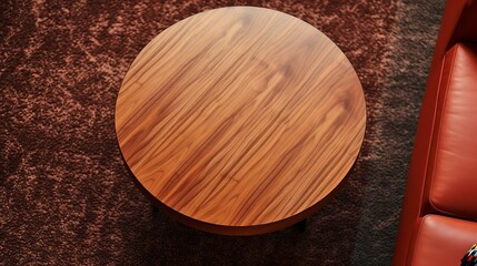 A circular hardwood table with a wood stain finish sits on a rug by a red couch , generated by AI