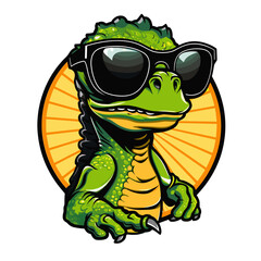Vector illustration of an iguana in sunglasses on a background of sunlight.