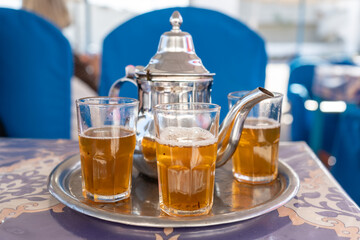 Moroccan Mint Tea in Teapot and Glass, Traditional Morocco Drink
