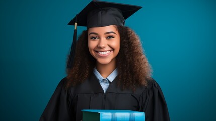 Happy girl student. Portrait of female African American student with books with graduate cap on head