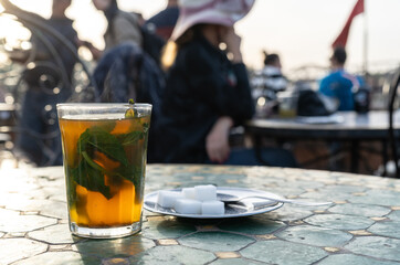 Moroccan Mint Tea in Teapot and Glass, Traditional Morocco Drink