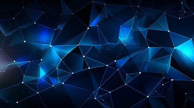 Complex web of blue connectivity nodes background image. Digital innovation desktop wallpaper picture. Poly structure photo backdrop. Dark blue abstraction concept composition