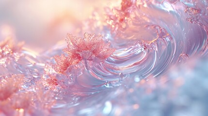 Fototapeta premium Extreme close-up of a frozen cherry blossom, showcasing intricate fluid and wavy forms in the delicate dance of winter.