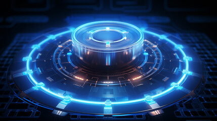 Microchip core radiating with blue energy image background. Futuristic technology close up picture. Computer hardware closeup photo backdrop. Data processing. Advanced computing concept
