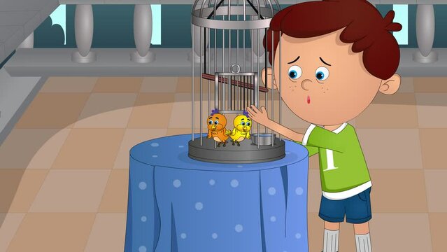 In the animation, a child opens the cage, and the birds gracefully take flight