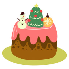 Christmas cake with festive decoration. Baked sponge dessert with Xmas  firs, berries. Winter holiday pie. New Year food. Flat vector illustration isolated on white background