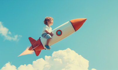kleines Kind fliegt auf einer Rakete am Himmel - 739880999