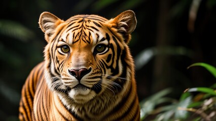 Close-up view of a powerful Bengal tiger. The fur pattern is very contrasting.