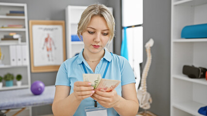 Caucasian woman in a clinic counts money, focused, in a rehab clinic interior