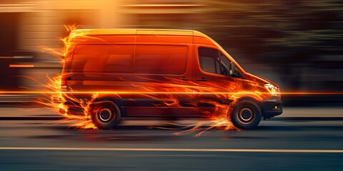 Speedy package delivery fiery wheels on van racing down the road. Concept Logistics, Express Shipping, Speedy Delivery, Fast Transportation, Urgent Parcels