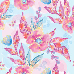 Fototapeta premium Seamless pattern with flowers in pink blue and orange colors. Poppy pink flowers background. Vector floral illustration. watercolor textile flowers design
