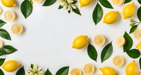 Lemons frame on background. Top view of fresh lemons on a background with a place for the banner text. Heap of fresh, ripe lemons. Space for text - obrazy, fototapety, plakaty