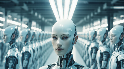 Fototapeta na wymiar Close-up female android with identical robots behind portrait image. Humanoid series photography shot. Tech innovation closeup picture. Electronics artificial intelligence concept photo