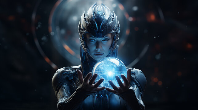 Celestial female android cradles radiant orb portrait image. Cosmic power closeup picture photorealistic. Universe electronics artificial intelligence concept photo, background copy space