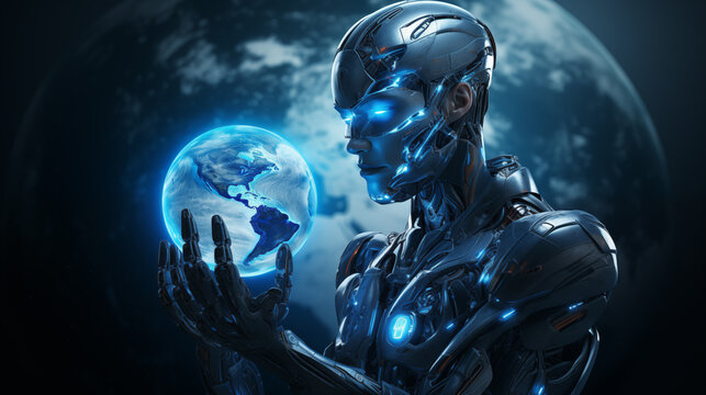 Futuristic android holding glowing Earth portrait image. AI in global technology closeup picture photorealistic. Electronics artificial intelligence concept photo, background copy space