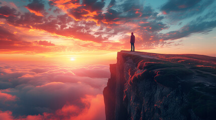 Man standing on top of cliff at sunset show backside, generative ai - obrazy, fototapety, plakaty