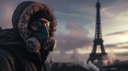 Man wearing a gas mask, standing in front of eiffel tower