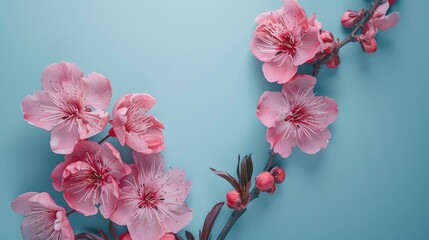 Delicate Cherry Blossoms on Branch Against Blue background