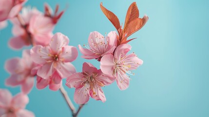 Blossoming Pink Cherry Twigs on a Pastel Blue Background
