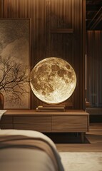 Illuminated Moon Art Installation in a Contemporary Bedroom