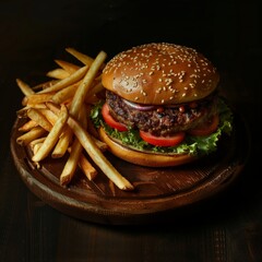 Delicious hamburger on a wooden plate 