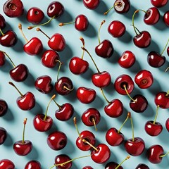 Cherry frame on background. Top view of fresh cherries on background with place for text banner. Heap of fresh, ripe cherry. Space for text