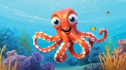 Fototapeta na wymiar cartoon octopus close up swimming in the sea 
