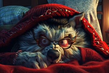 bad wolf wearing Little Red Riding Hood uniform, smiling, caricature, evil © Andrea Izzotti