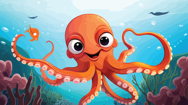 cartoon octopus close up swimming in the sea 
