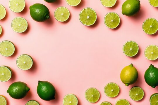Lime frame on background. Top view of fresh limes on background with space for banner text. Heap of fresh, lime ripe. Space for text