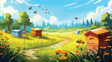 Cartoon summer nature scene with hives 
