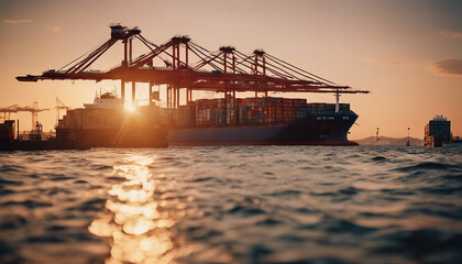 A cargo ship unloading containers at the port, sunset
