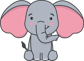 cute vector cartoon baby elephant sitting. illustration of little elephant in sticker style isolated on transparent background. african animal for children's books