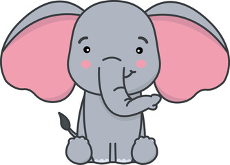 cute vector cartoon baby elephant sitting. illustration of little elephant in sticker style isolated on transparent background. african animal for children's books