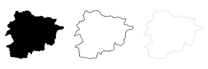 Obraz premium Andorra country silhouette. Set of 3 high detailed maps. Solid black silhouette, thick black outline and thin black outline. Vector illustration isolated on white background.