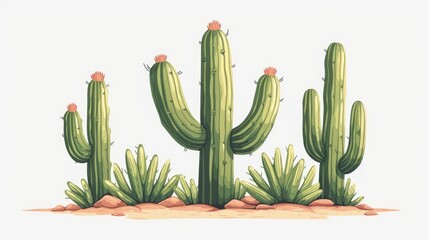 Side view illustration of cactus. Minimalist aesthetic, allowing focus on the cactus. Copy space for text