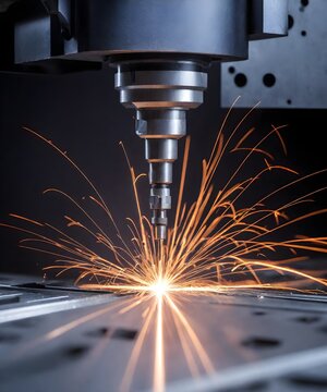 Laser CNC cutting of metal with light spark, technology modern industrial banner background